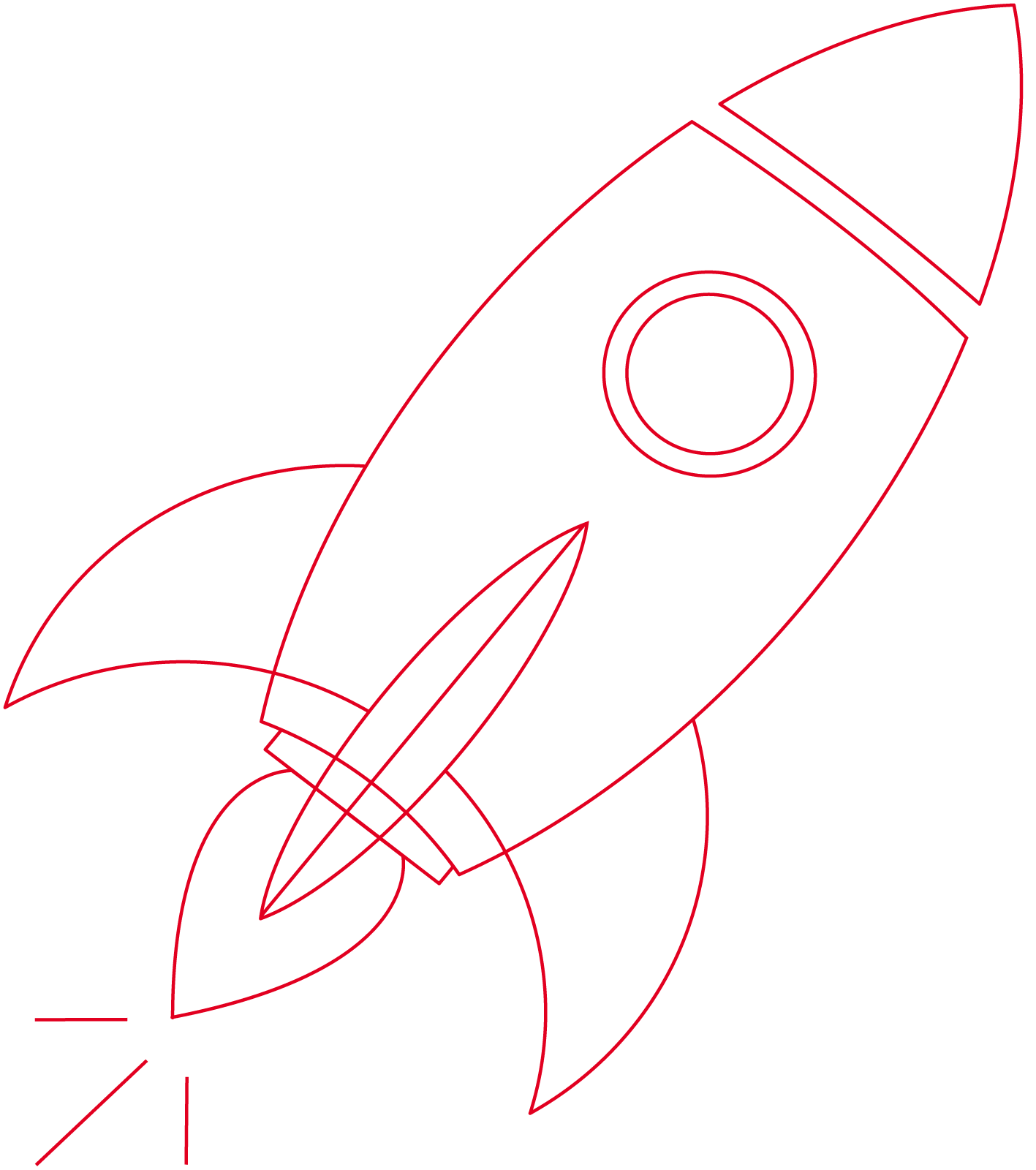 Eine einfache rote Linienzeichnung eines Raketenschiffs, das in einem Winkel mit von unten kommenden Flammen abhebt. Die Rakete hat runde Fenster und ist von geschwungenen Linien umgeben, die die Energie eines Gipfels der kreativen Transformation heraufbeschwören.