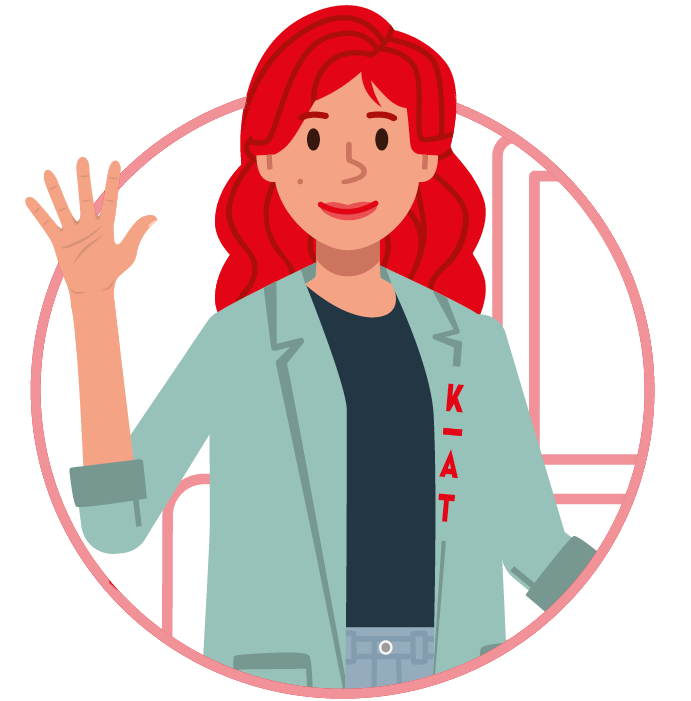 Illustration einer Frau mit langen roten Haaren, die einen hellgrünen Blazer mit der Aufschrift "KAT", ein schwarzes Hemd und Jeans trägt. Sie lächelt und winkt mit ihrer rechten Hand innerhalb eines rosa Kreises.