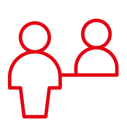 Eine einfache rote Strichzeichnung zweier menschlicher Figuren, die durch eine horizontale Linie verbunden sind, als Symbol für schöpferische Verwandlung und Verbindung zwischen Menschen.