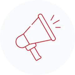 Eine einfache rote Linienzeichnung eines Megaphons auf weißem, kreisförmigem Hintergrund, mit drei Linien, die den aus dem Mundstück des Megaphons kommenden Ton anzeigen.