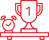 Rote Umrisszeichnung einer Trophäe mit der Zahl 1 und eines Weckers mit einem Häkchen, die beide auf einem Regal stehen.