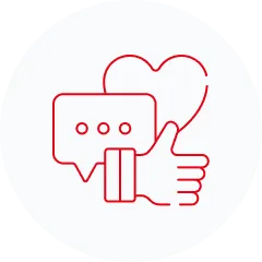 Ein rot umrandetes Symbol mit einer Daumen-hoch-Hand, einer Sprechblase mit drei Punkten und einem Herz, das positives Feedback und Engagement symbolisiert.