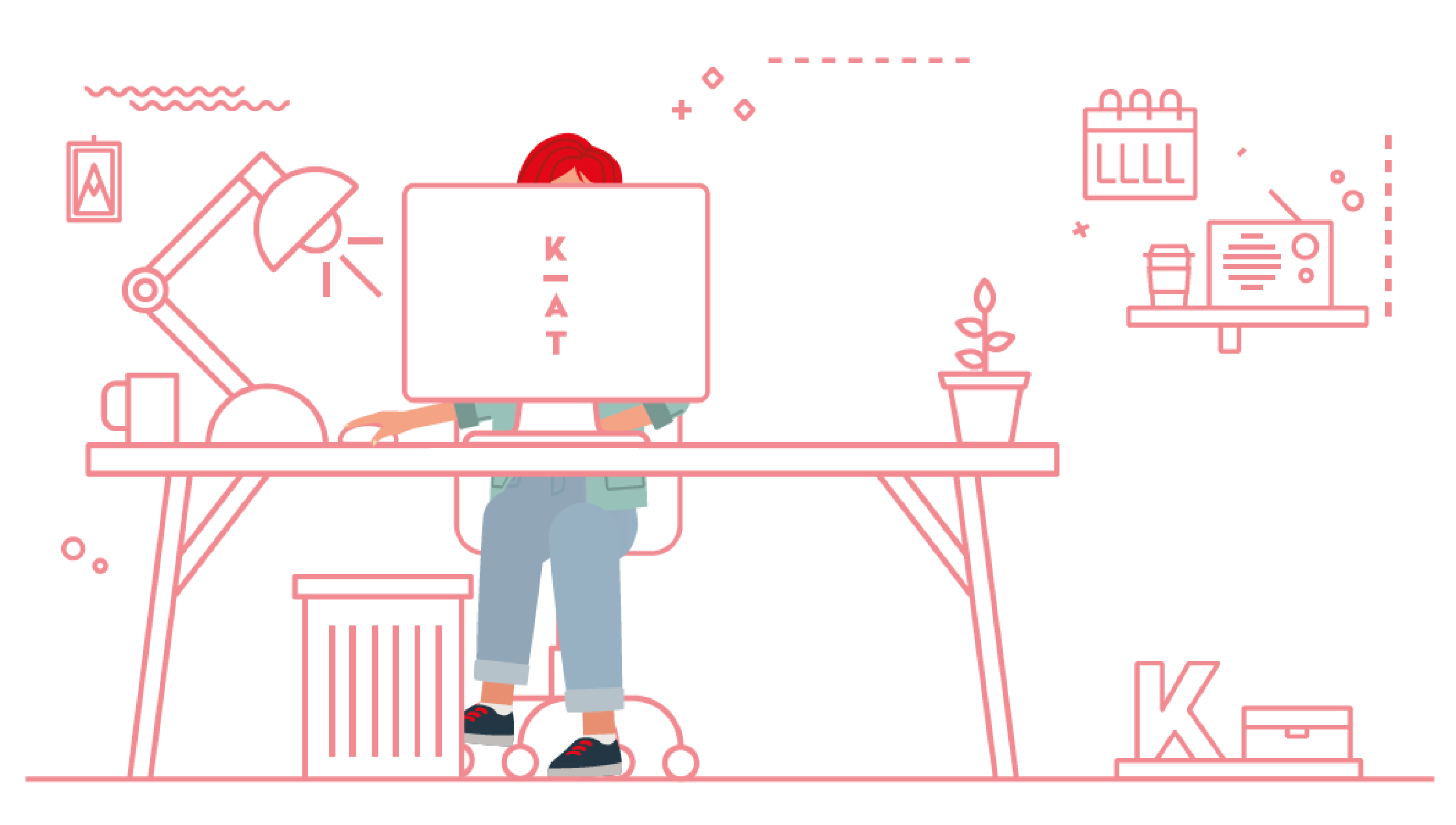 Illustration einer Person mit roten Haaren, die an einem Schreibtisch sitzt und an einem Computer arbeitet. Auf dem Schreibtisch befinden sich eine Lampe, eine Pflanze und verschiedene Büroartikel. Im Hintergrund sind bürobezogene Dekorationen und Regale zu sehen.