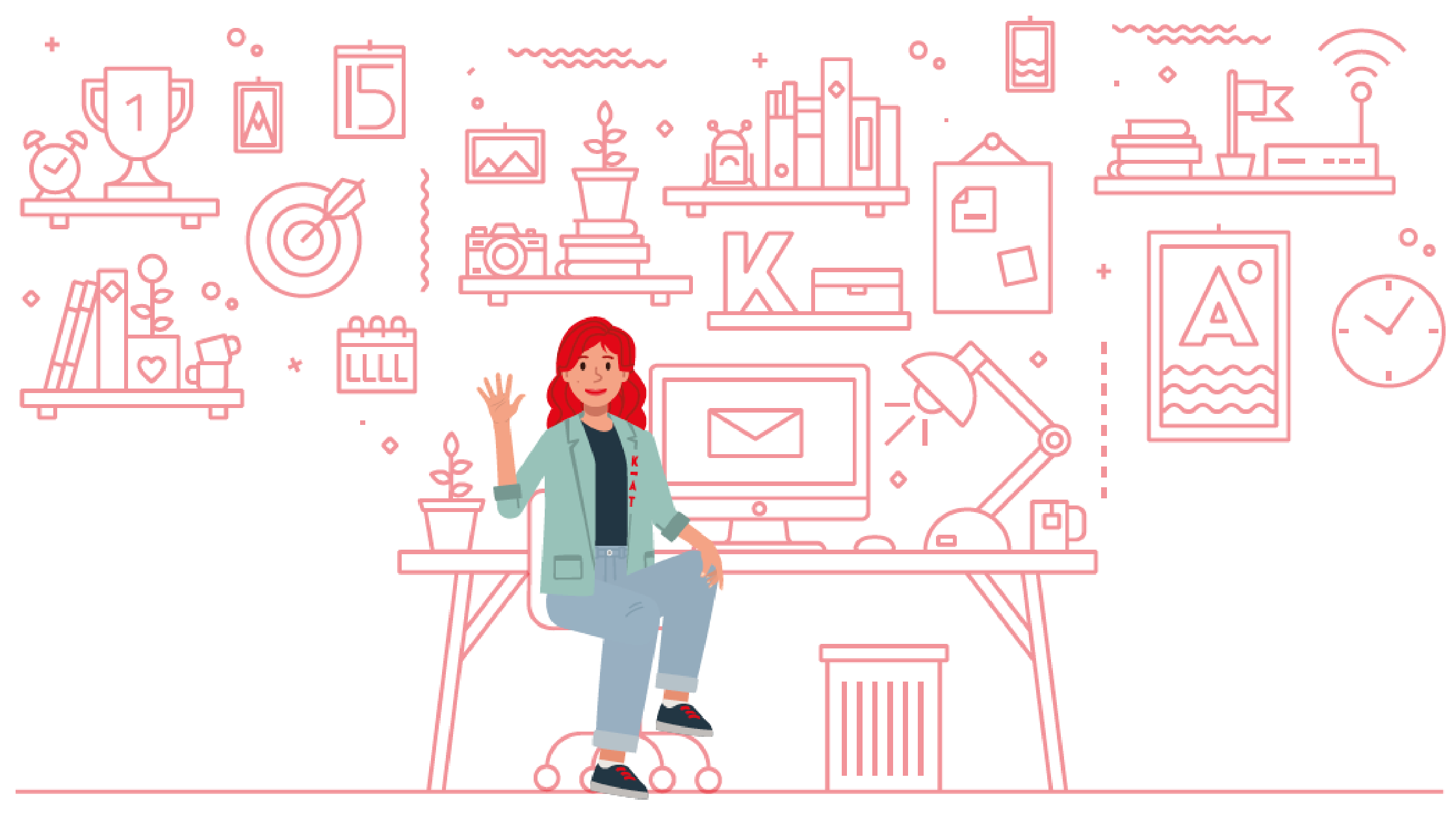 Illustration einer Frau mit roten Haaren, die an einem Schreibtisch mit einem Computer sitzt und winkt, umgeben von kreativen Büromaterialien, Pflanzen und Wanddekorationen in einem organisierten Arbeitsbereich.