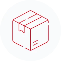 Eine einfache rote Strichzeichnung einer geschlossenen Pappschachtel mit Klebeband und einem kleinen Etikett, dargestellt auf einem weißen, kreisförmigen Hintergrund.