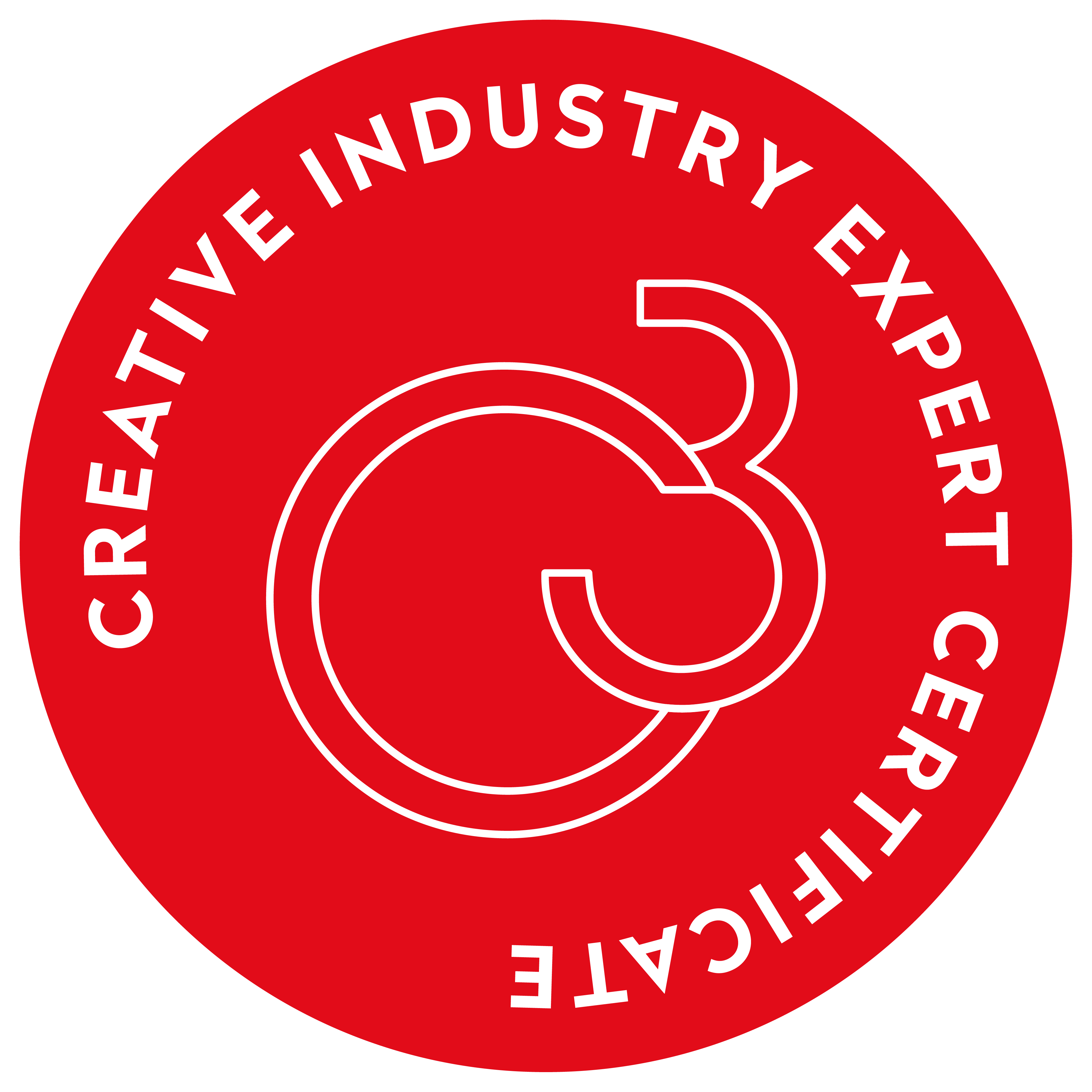 Ein rotes, kreisförmiges Abzeichen mit dem weißen Umriss von C3 in der Mitte und dem Schriftzug CREATIVE INDUSTRIES EXPERT CERTIFICATE am äußeren Rand, der Ihren Status als Experte der Kreativwirtschaft hervorhebt.