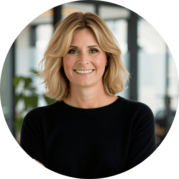 207 Eine Frau mit schulterlangem blondem Haar und schwarzem Oberteil lächelt in einem modernen, hellen Büro in die Kamera.