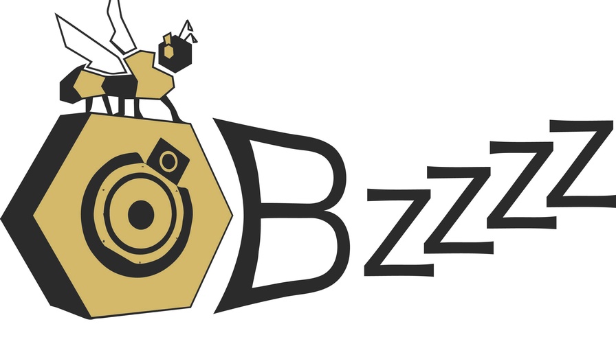 Stilisierte Illustration einer Biene mit Lautsprecherdetails auf einem Sechseck, gefolgt von "Bzzzzz 2026", wobei jedes Z immer größer wird. Das schwarz-goldene Design fordert Sie auf, Lärm zu machen!.