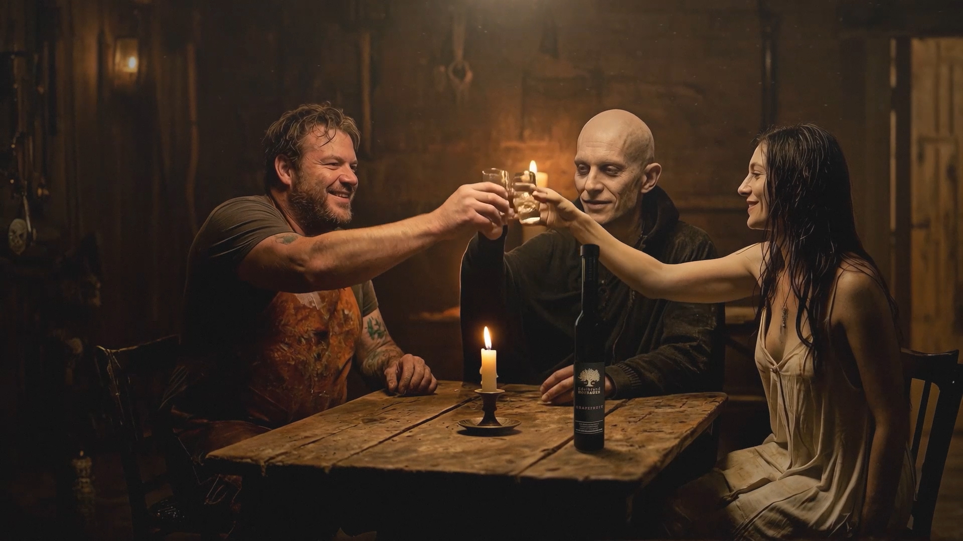 Three people sit around a wooden table in a dimly lit room, clinking glasses. The scene captures the ambience of Hollywood quality on an SME budget, as candlelight and a bottle create a warm, intimate atmosphere.