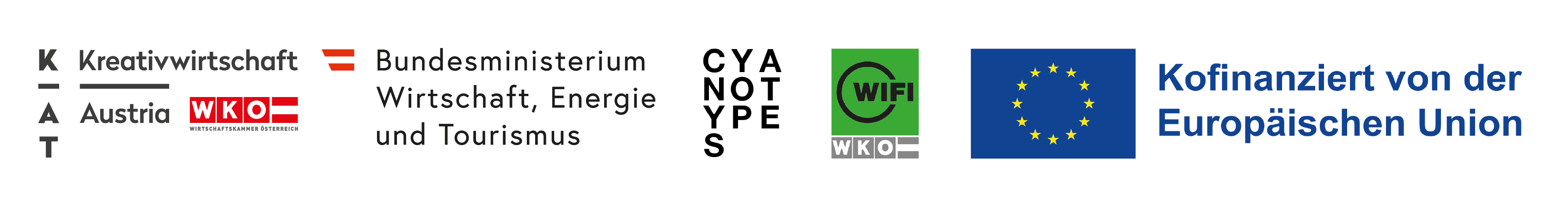 Eine Reihe von Logos: Kreativwirtschaft Austria, Bundesministerium Wirtschaft Energie und Tourismus, Cyanotypes, WIFI, und die Flagge der Europäischen Union mit dem Text Kofinanziert von der Europäischen Union - Förderung von Business Skills in Zeiten des Wandels.