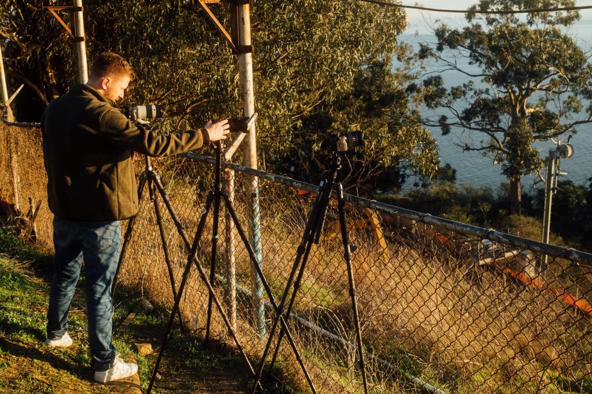 Eine Person steht im Freien an einem Maschendrahtzaun und justiert eine Kamera auf einem Stativ - möglicherweise filmt sie eine Zeitraffer-Szene, die von Peter Jablonowski inspiriert wurde. Im Hintergrund schimmern Bäume und ein Gewässer im warmen Sonnenlicht.