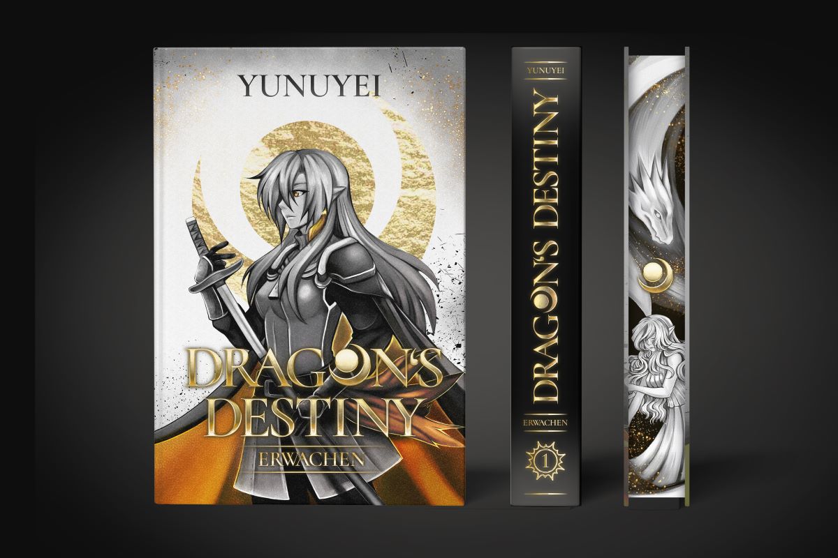Ein Fantasy-Buch mit dem Titel Dragons Destiny: Erwachen von Yunuyei, mit einer Graustufen-Illustration eines langhaarigen Kriegers mit goldener Rüstung, einem Schwert und einem goldenen Heiligenschein - perfekt für Fans kreativer Welten und Gemeinschaft mit Drachen.