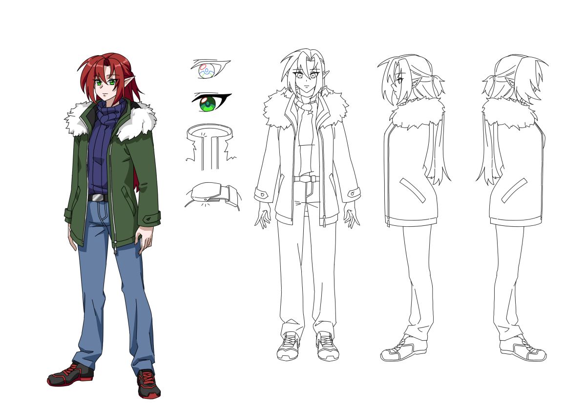 Charakter-Referenzbogen für ein Mädchen im Anime-Stil mit roten Haaren, entworfen von Nadya Knops. Mit grüner Jacke mit Fellkragen, blauem Hemd, Jeans und schwarzen Schuhen. Enthält Vorder-, Seiten- und Rückenansichten sowie Augendetails - perfekt für kreative Projekte der Welten Gemeinschaft.