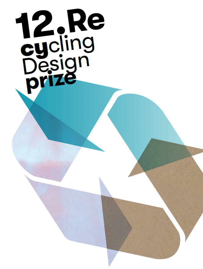 Der fettgedruckte Text „12. Recycling Designpreis“ überlagert sich mit überlappenden blauen und braunen geometrischen Pfeilformen, die an ein Recycling-Symbol auf weißem Hintergrund erinnern.
