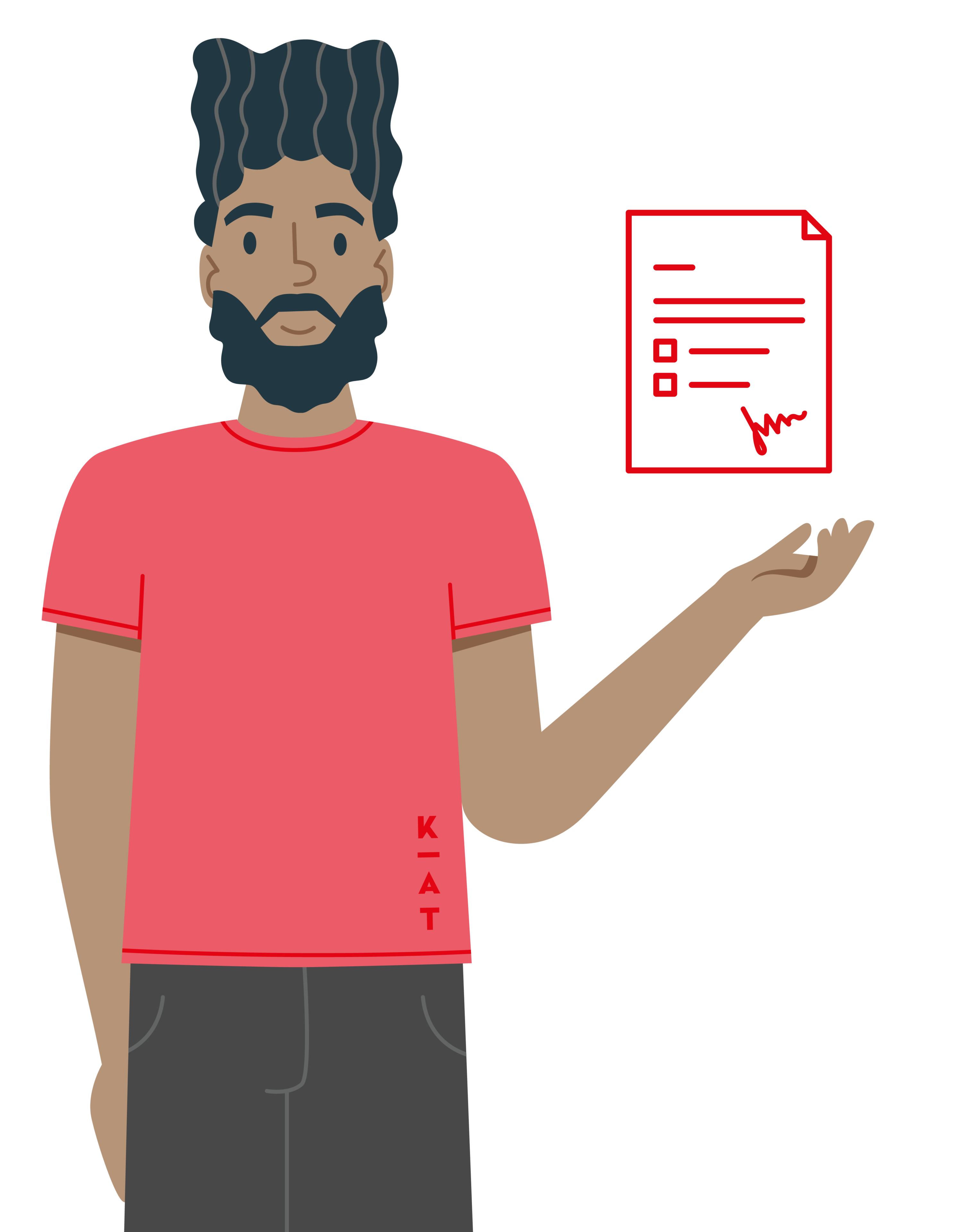 Illustration einer Person mit dunklem Haar und Bart, die ein rotes Hemd und eine dunkle Hose trägt und eine Hand ausstreckt, in der ein schwebendes Dokument mit Kontrollkästchen und einer Unterschrift zu sehen ist – das fängt den Geist von „AngebotderKreativen“ perfekt ein.