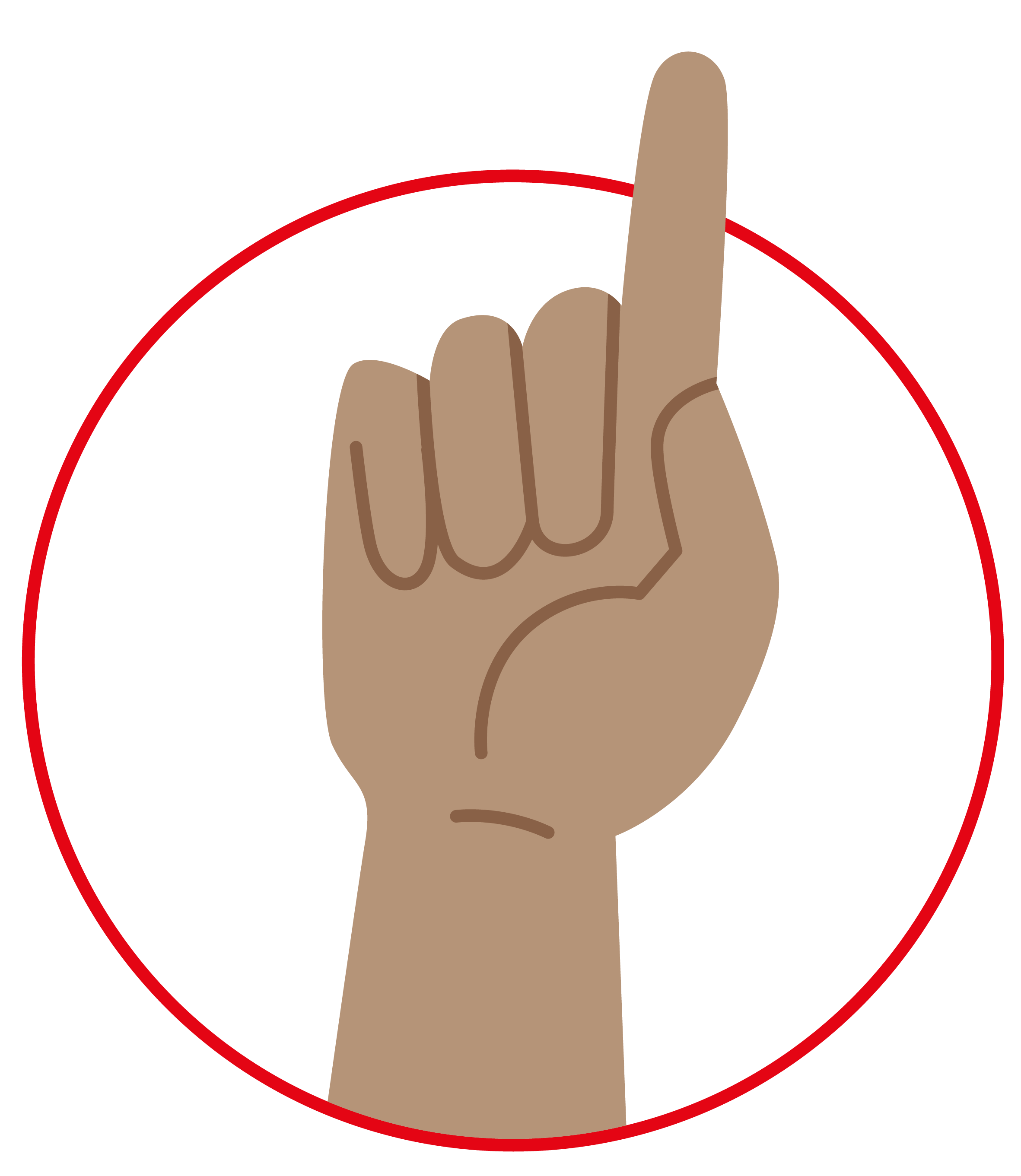 Darstellung einer erhobenen Hand, deren Zeigefinger nach oben zeigt, umrahmt von einem roten Kreis – ein unverwechselbares Symbol für „AngebotderKreativen“.