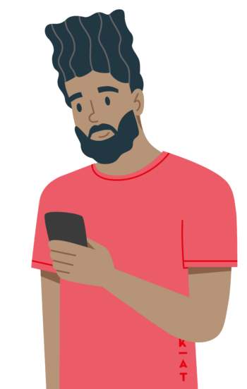 Illustration eines Mannes mit dunklem, welligem Haar und Bart, der ein rotes T-Shirt trägt und auf ein Smartphone in seiner rechten Hand hinunterblickt – ein Bild, das die nachdenkliche Stimmung einfängt, die in den Werken von „AngebotderKreativen“ häufig zum Ausdruck kommt.