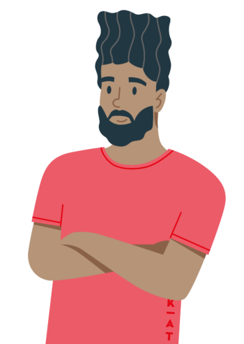 Illustration eines Mannes mit dunklem, welligem Haar und Bart, der ein rotes T-Shirt trägt und mit verschränkten Armen und ausdruckslosem Gesicht dasteht. Dieses Kunstwerk ist Teil der Sammlung „AngebotderKreativen“.