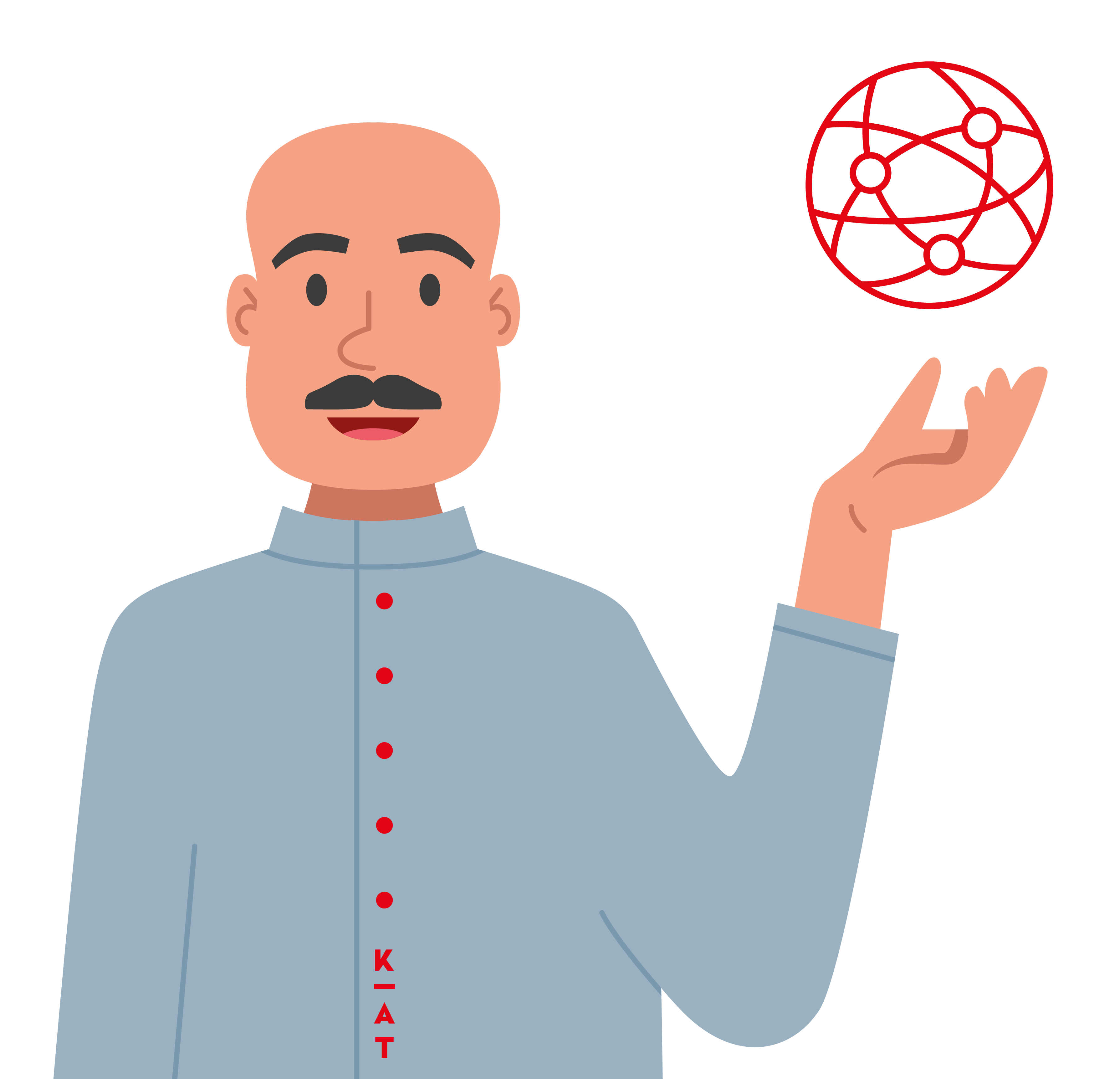 Abbildung eines kahlen Mannes mit Schnurrbart, der ein blaues Hemd mit roten Knöpfen trägt. Er hält eine Hand hoch und balanciert darauf einen roten, netzartigen Globus mit miteinander verbundenen Knotenpunkten – ein Symbol, das oft mit der „Gesellschaft der Kreativen“ in Verbindung gebracht wird. Auf seinem Hemd steht vertikal das Wort „KAT“.