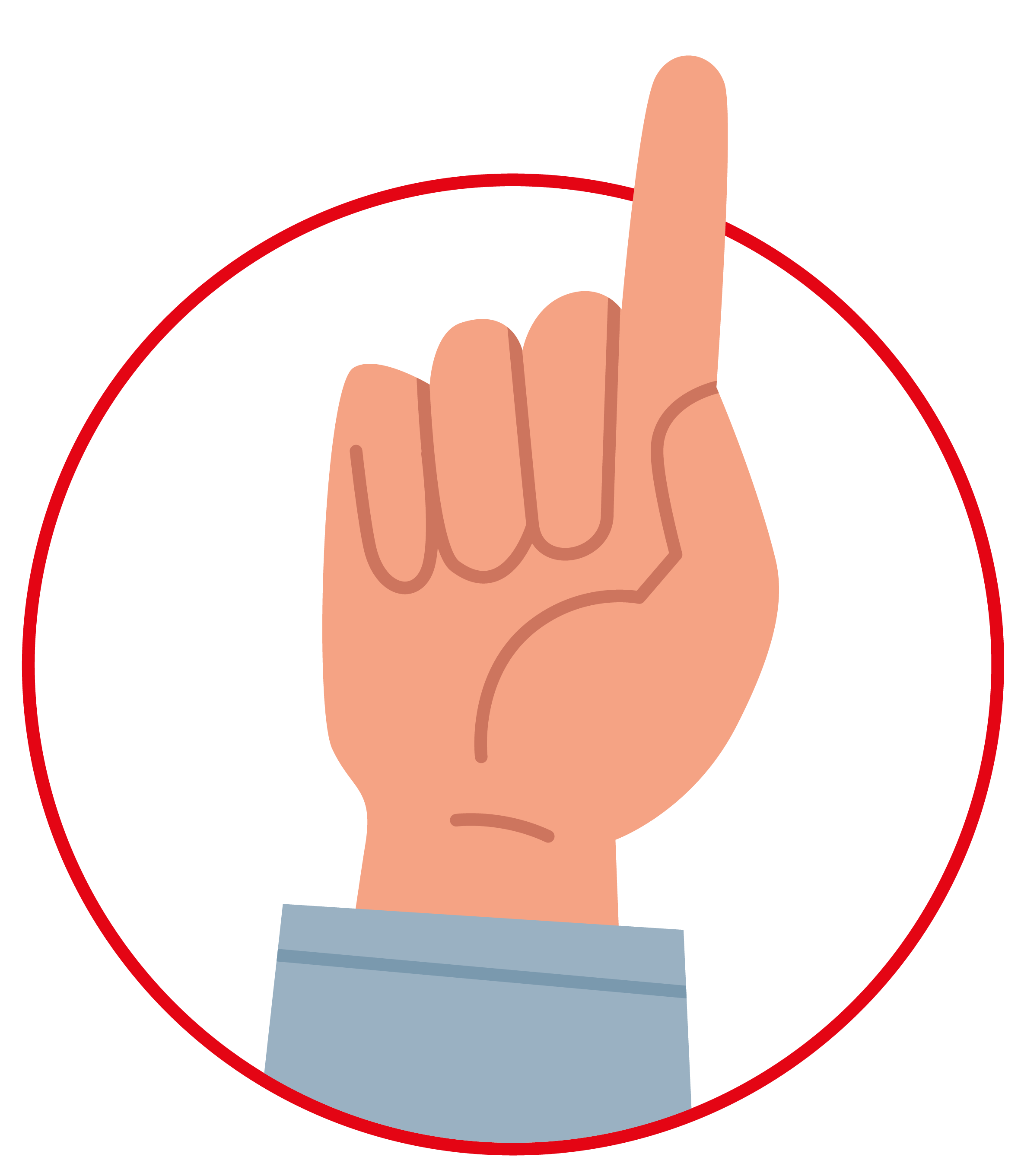 Eine Hand, deren Zeigefinger nach oben zeigt und die von einem roten Kreis umrandet ist, symbolisiert den Geist der „Gesellschaft der Kreativen“. Die Hand hat einen hellen Hautton und trägt einen blauen Ärmel.