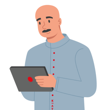 Illustration eines kahlköpfigen Mannes mit Schnurrbart, der ein hellblaues Hemd mit roten Knöpfen trägt und ein Tablet mit einem roten Kreis darauf in der Hand hält und betrachtet; er verkörpert den Innovationsgeist der Gesellschaft der Kreativen.