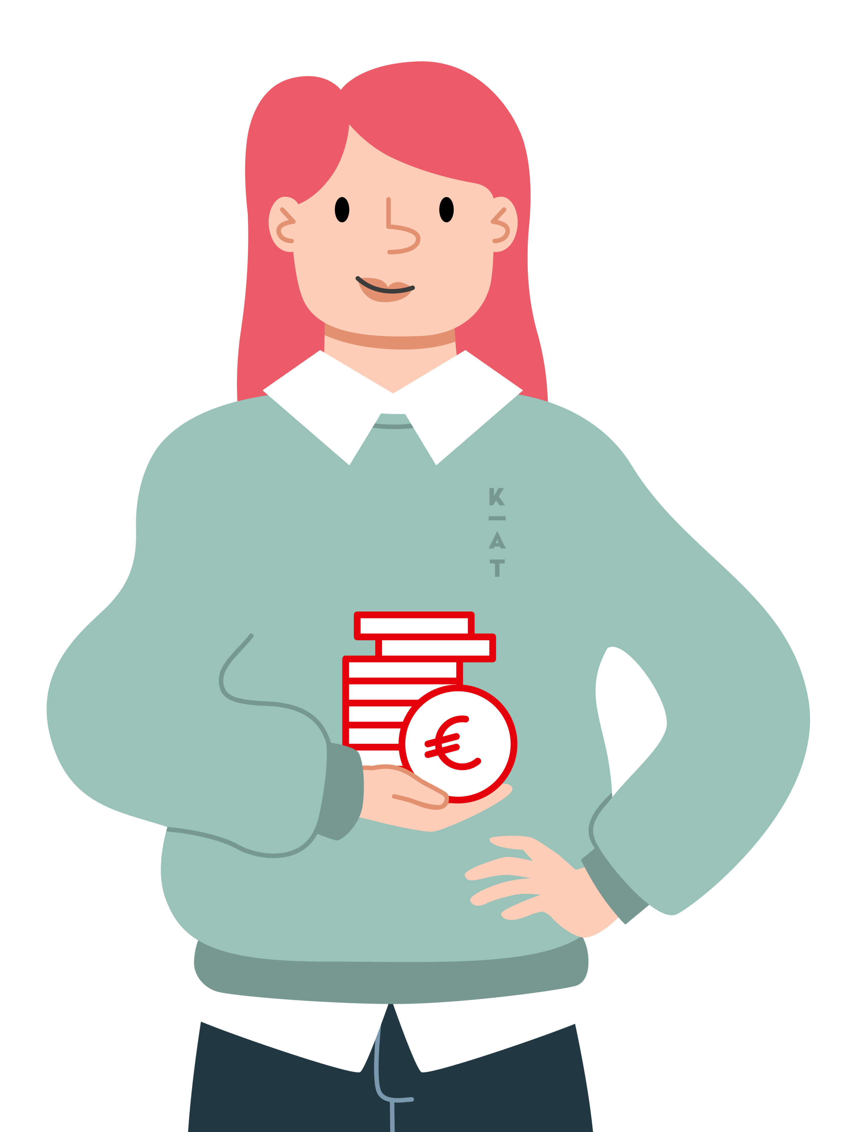 Illustration einer Person mit rosa Haaren, die einen Stapel Münzen und eine Münze mit dem Euro-Symbol in der Hand hält, einen hellgrünen Pullover und ein weißes Hemd mit Kragen trägt und lächelt – ein Bild, das den Geist von „KapitalderKreativen“ einfängt.
