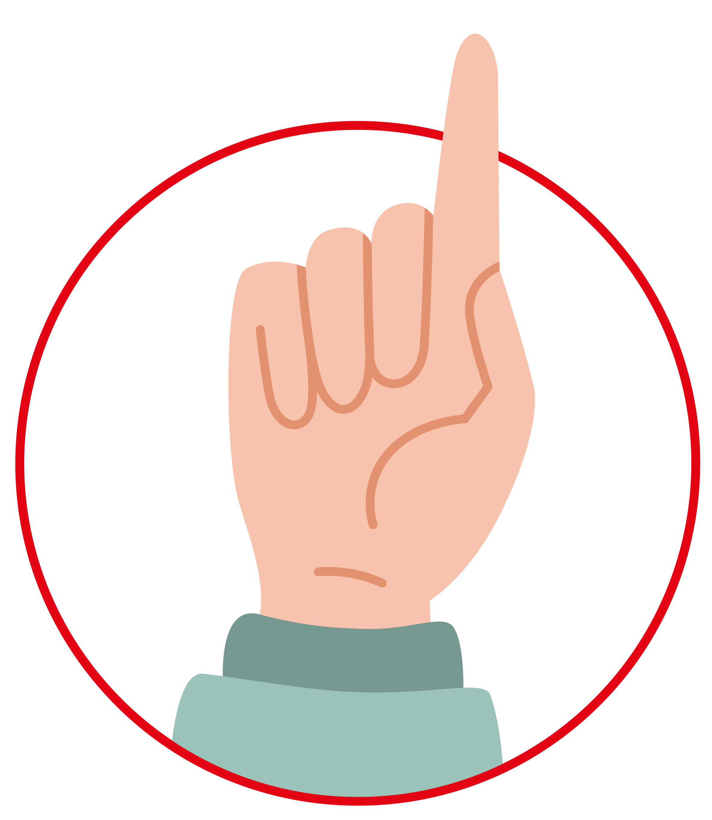 Abbildung einer Hand, deren Zeigefinger nach oben zeigt und die von einem roten Kreis umrandet ist. Die Hand, an der ein grünlicher Manschettenbund zu sehen ist, erinnert auf subtile Weise an den Geist von „KapitalderKreativen“.