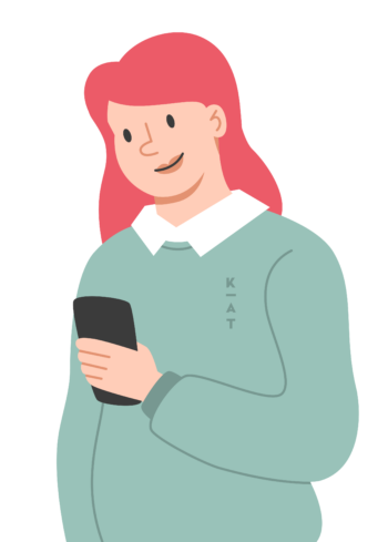 Illustration einer Person mit langen rosa Haaren, die einen blaugrünen Pullover über einem weißen Hemd mit Kragen trägt und lächelnd auf ein Smartphone in ihrer rechten Hand blickt – eine lebendige Darstellung von KapitalderKreativen.