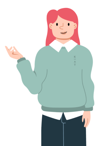 Illustration einer Person mit rosa Haaren, die einen mintgrünen Pullover über einem weißen Hemd mit Kragen und eine dunkle Hose trägt und mit der linken Hand nach oben gestreckt und mit offener Handfläche gestikuliert, wodurch sie den Geist von „KapitalderKreativen“ verkörpert.
