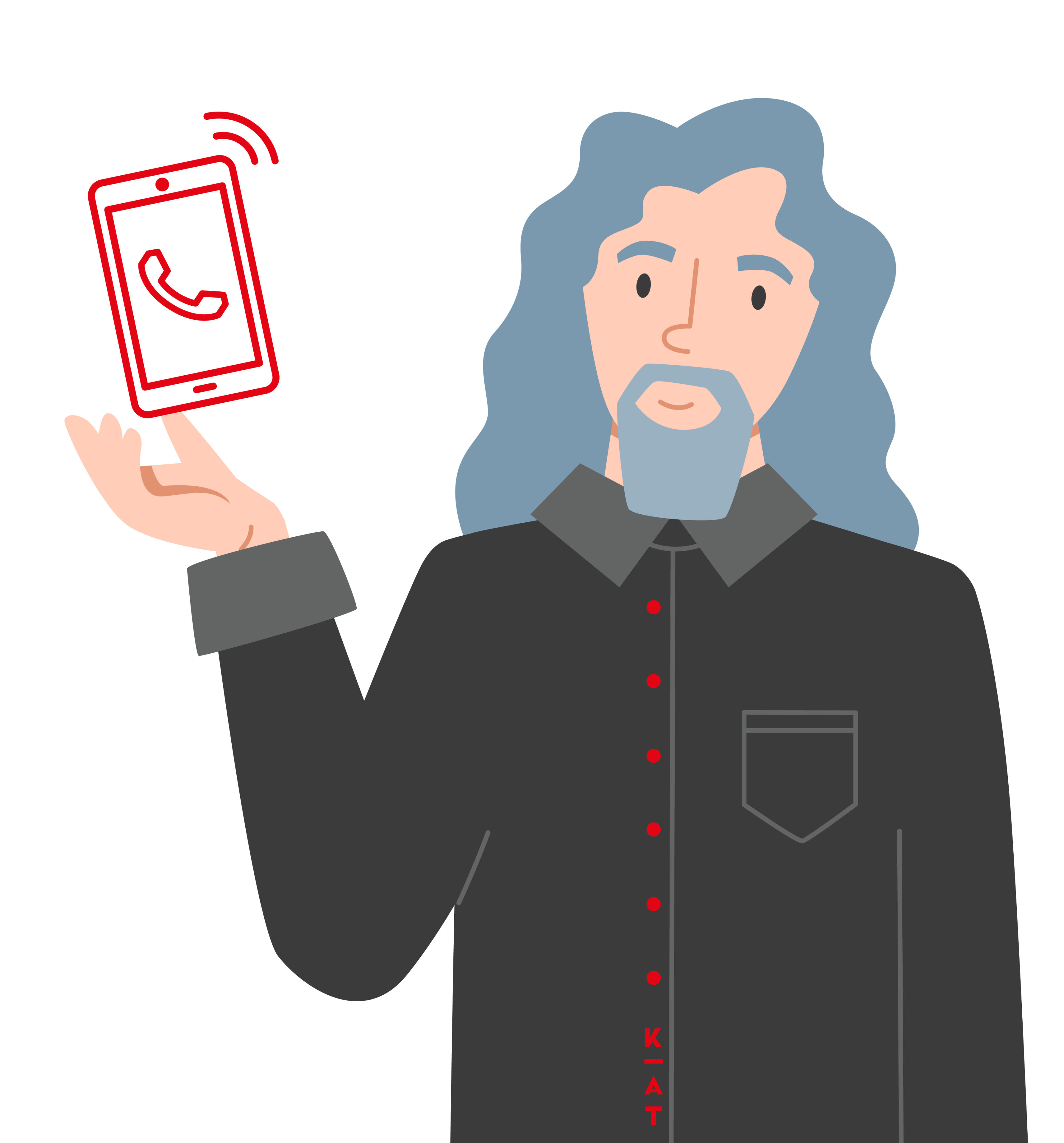 Illustration einer Person mit langen blauen Haaren und Bart, die ein schwarzes Hemd trägt und eine Hand hochhält, über der ein rot umrandetes Smartphone zu sehen ist, auf dessen Display ein Telefonsymbol und Signalbalken zu erkennen sind – eine lebendige Hommage an den Innovationsgeist der Gesellschaft der Kreativen.