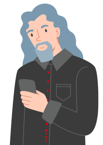 Illustration einer Person mit langen grauen Haaren und Bart, die ein schwarzes Hemd mit roten Knöpfen trägt, ein Smartphone in der Hand hält und auf den Bildschirm schaut – eine Szene, die den Innovationsgeist der Gesellschaft der Kreativen verkörpert.