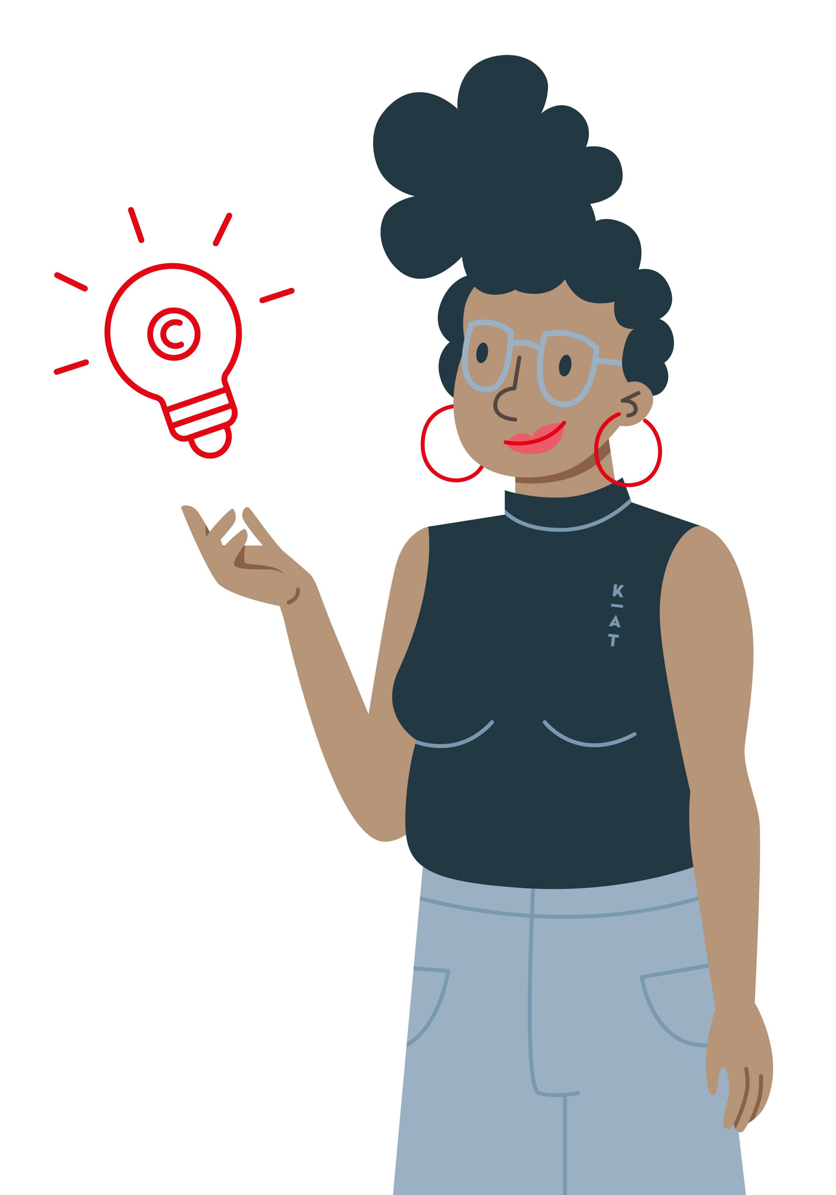 Illustration einer lächelnden Frau mit Brille und Creolen, die eine echte „KundenderKreativen“ verkörpert, während sie auf ein leuchtendes Glühbirnen-Symbol zeigt, in dem sich ein Copyright-Zeichen befindet.