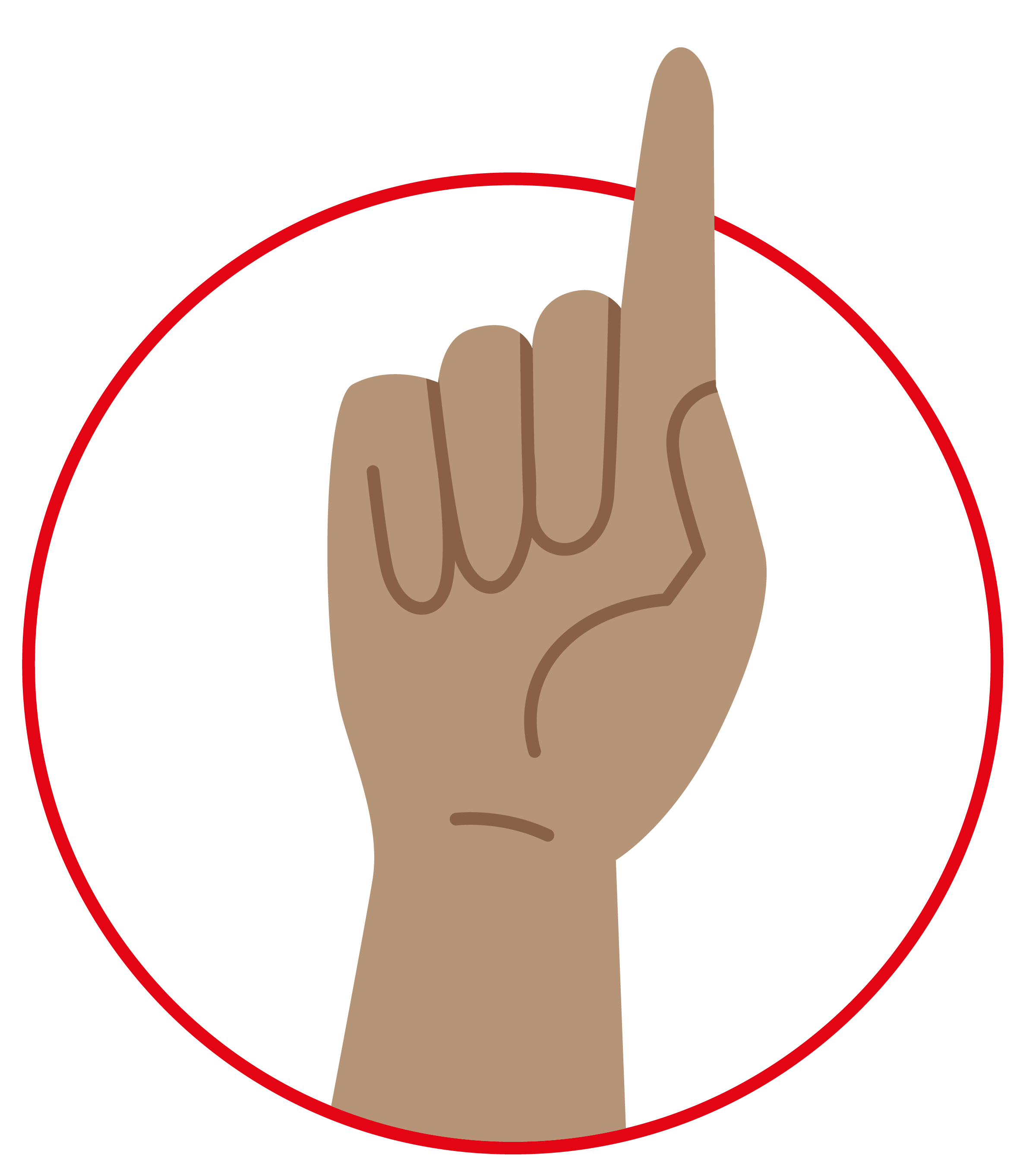 Eine Hand mit brauner Hautfarbe, deren Zeigefinger nach oben zeigt, ist in einem roten Kreis dargestellt und verkörpert den inspirierenden Geist von KundenderKreativen.