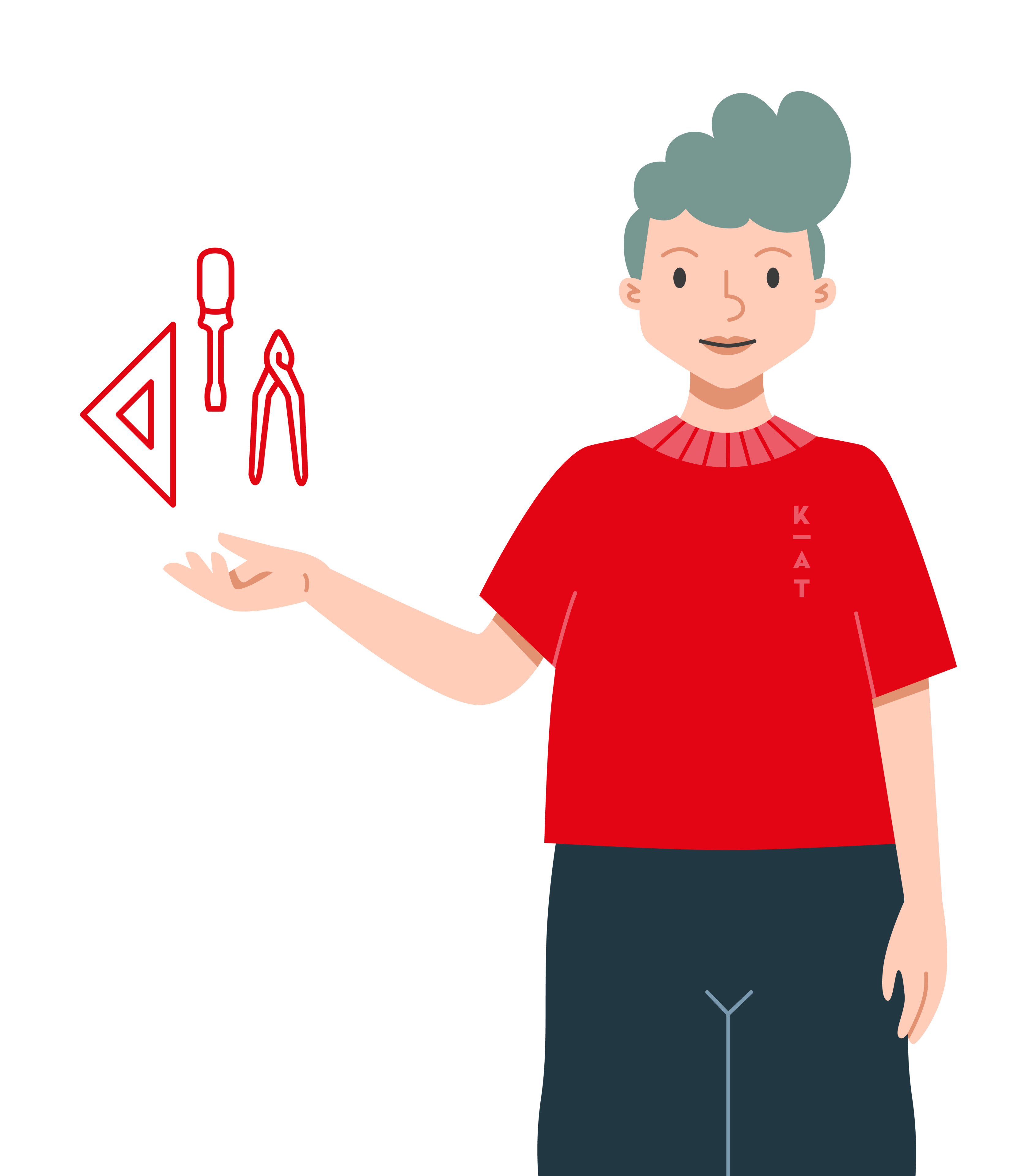 Eine Person mit grauen Haaren, die ein rotes Hemd trägt, streckt die Hand aus. Über der Hand sind rote Strichzeichnungen eines Dreiecklineals, eines Schraubendrehers und einer Zange zu sehen, die die Werkzeuge eines echten „KundenderKreativen“ symbolisieren.