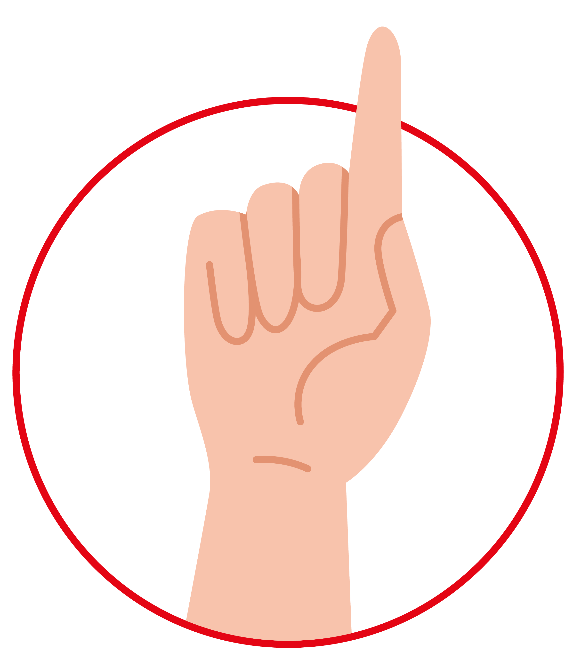 In einem roten Kreis auf weißem Hintergrund ist eine Hand mit nach oben zeigendem Zeigefinger abgebildet, die das Erkennungszeichen von KundenderKreativen symbolisiert.
