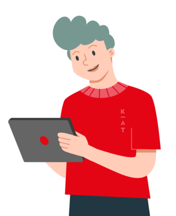 Eine illustrierte Person mit grauen Haaren und einem roten Hemd lächelt, während sie ein Tablet in der Hand hält und darauf schaut – ein Symbol für die Neugier und das Engagement eines echten „KundenderKreativen“.