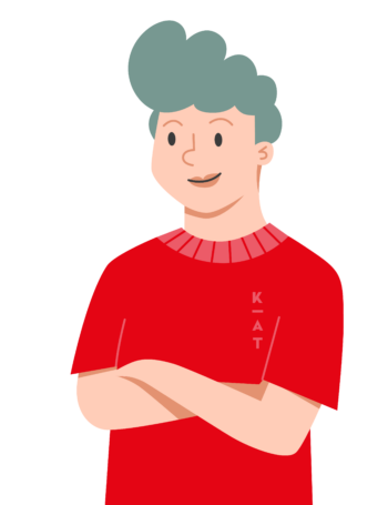 Illustration einer Person mit grauen Haaren, die lächelt, die Arme verschränkt hat und ein rotes Hemd mit rosa Kragen trägt, auf dessen Brust senkrecht die Buchstaben „KAT“ zu sehen sind. Der hellgraue Hintergrund hebt diese einzigartige Figur hervor, die den Geist eines echten „KundenderKreativen“ perfekt verkörpert.