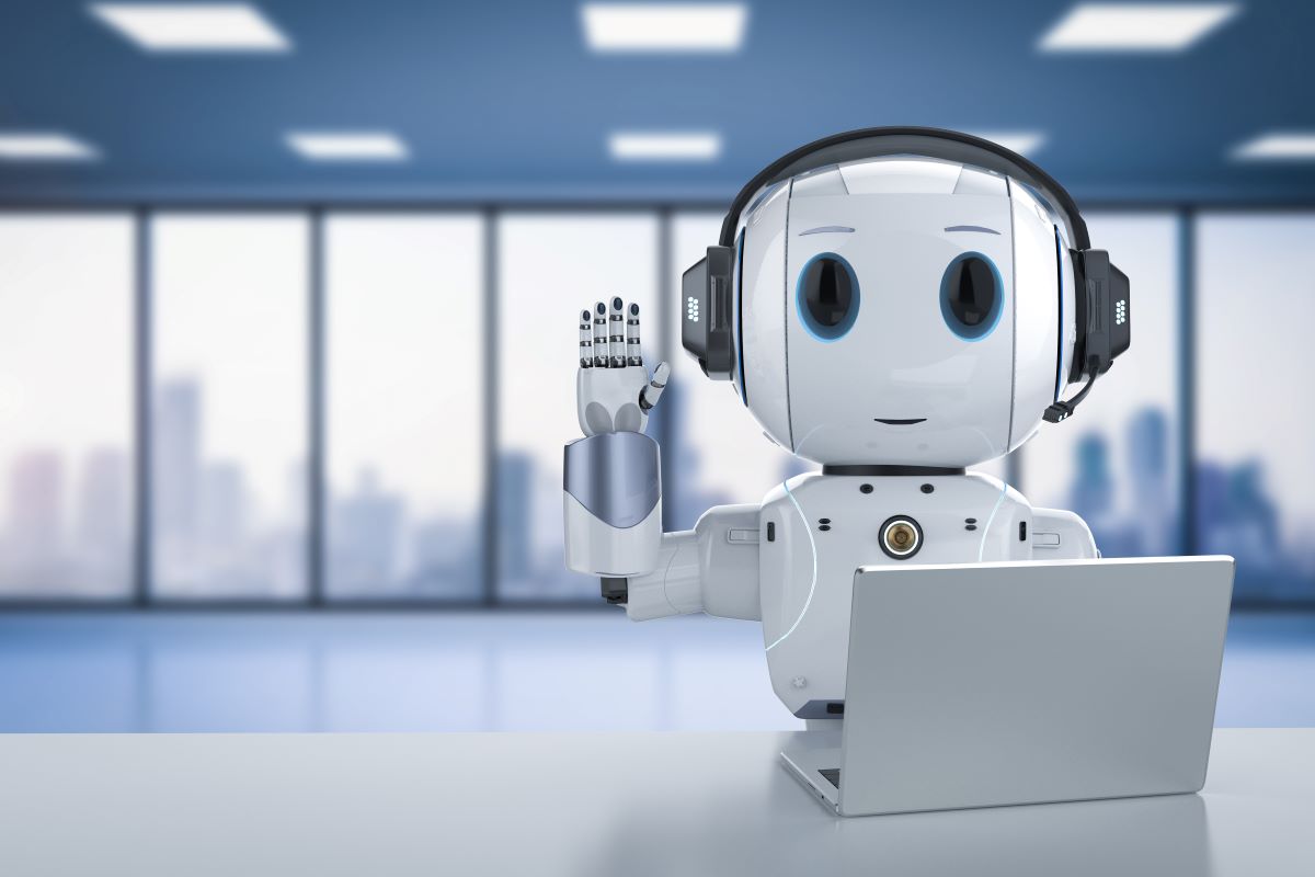 Ein freundlicher weißer Roboter mit Kopfhörern sitzt an einem Schreibtisch mit einem Laptop und winkt. Im Hintergrund sind große Fenster mit einer verschwommenen Stadtkulisse und ein in Blautönen gehaltenes Bürointerieur zu sehen, was die pulsierende Energie des Musikmarkts Österreich vermittelt.