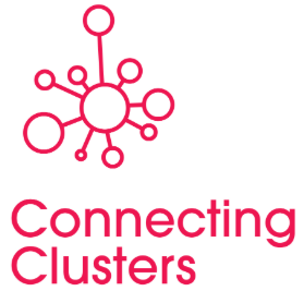Ein Netzwerkdiagramm mit Kreisen und Linien über dem fettgedruckten, pinkfarbenen Schriftzug „Connecting Clusters“, das veranschaulicht, wie „Partner“ und „Mitglieder“ nahtlos miteinander verbunden sind.