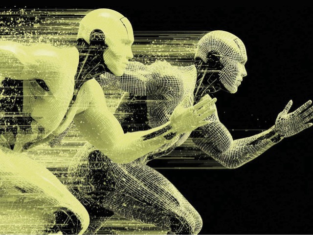 Three humanoid robots with a wire-frame appearance are depicted in running poses; behind them, motion blur trails are visible against a dark background, symbolizing speed and advanced technology—and thus conveying the dynamic energy of a Brands pop-up event in Salzburg.