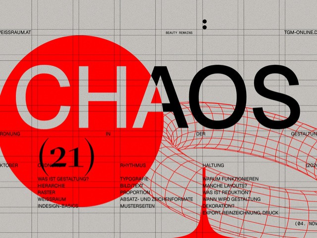 Abstract graphic design featuring large red circles, black text reading “CHAOS (21)” and smaller, scattered words on a gray grid background, characterized by curving red lines and intersecting bold and thin lettering—perfect for a “Brands Pop-Up” event in Salzburg.