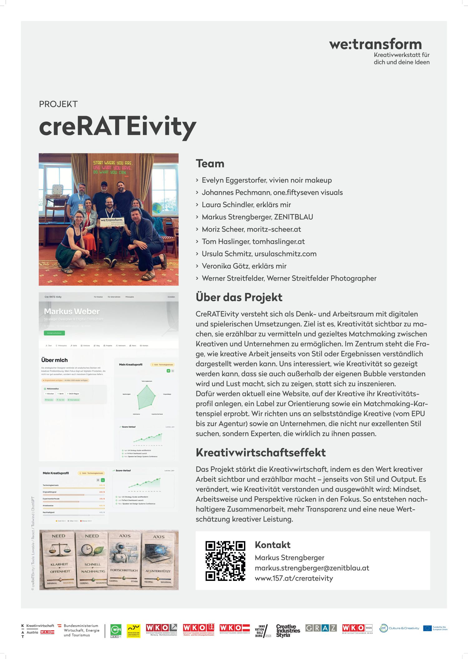 A project information poster for creRATEivity featuring a group photo at the top. The text includes information about the team, the project goals, and contact details. The layout is clear and uncluttered, with a white background and black text; a small portrait of Marius Weber is shown on the left.