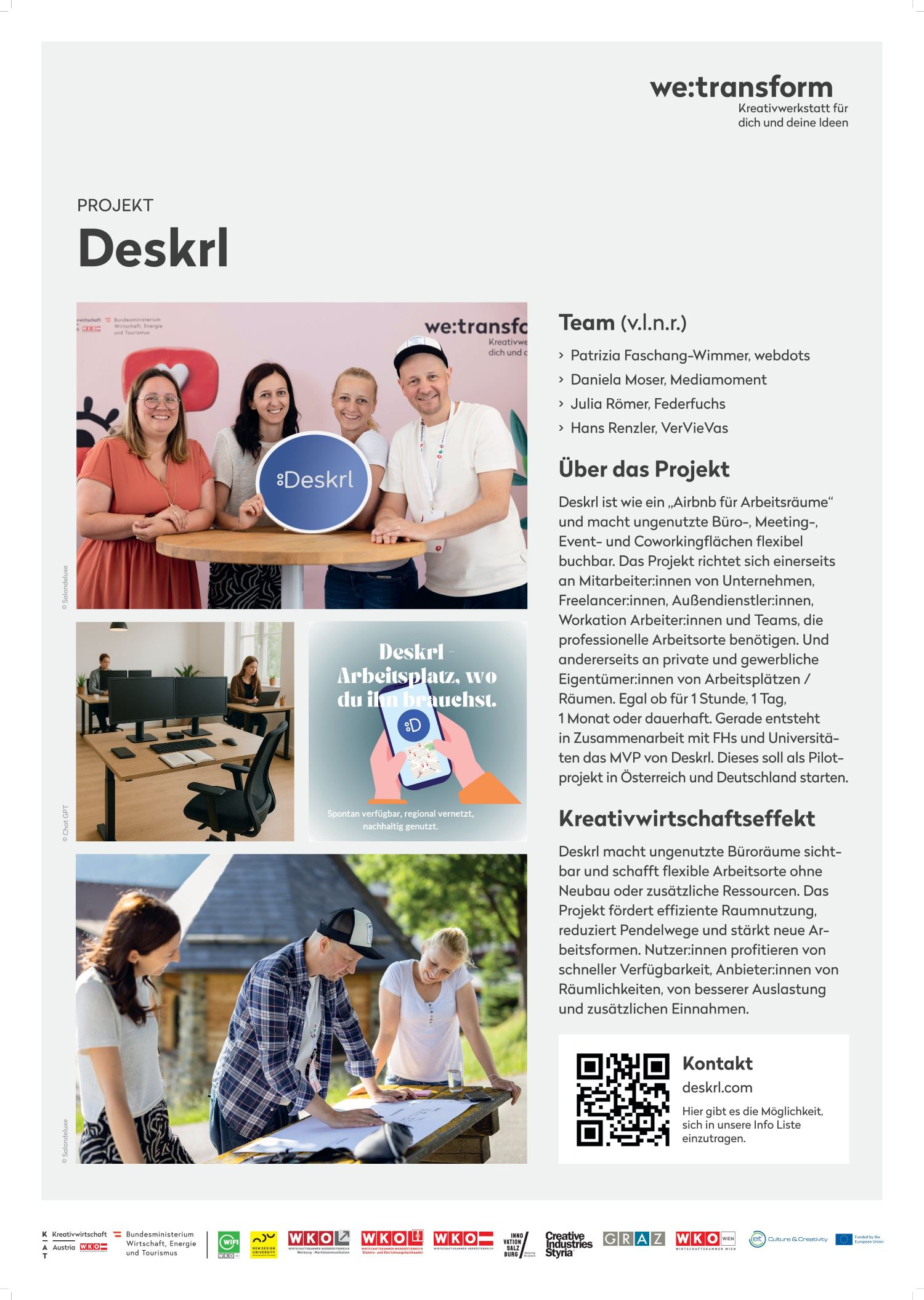 Four people are standing behind a “Deskrl” sign at a booth, smiling. Below the sign, a poster shows a woman at a desk, accompanied by text about workplace solutions. On the right-hand side is a text in German describing the Deskrl project and its team.