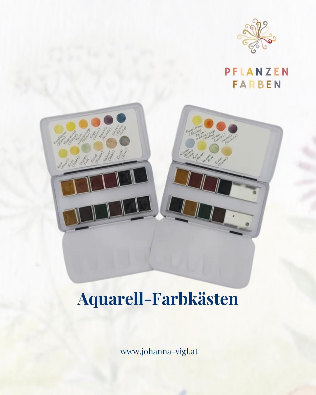 Two open watercolor sets with labeled color charts, arranged on a light-colored background. The text reads: “PLANT COLORS,” “Watercolor Sets,” and “www.johanna-vigl.at.” Inspiring creative worlds for every community of artists and creatives.