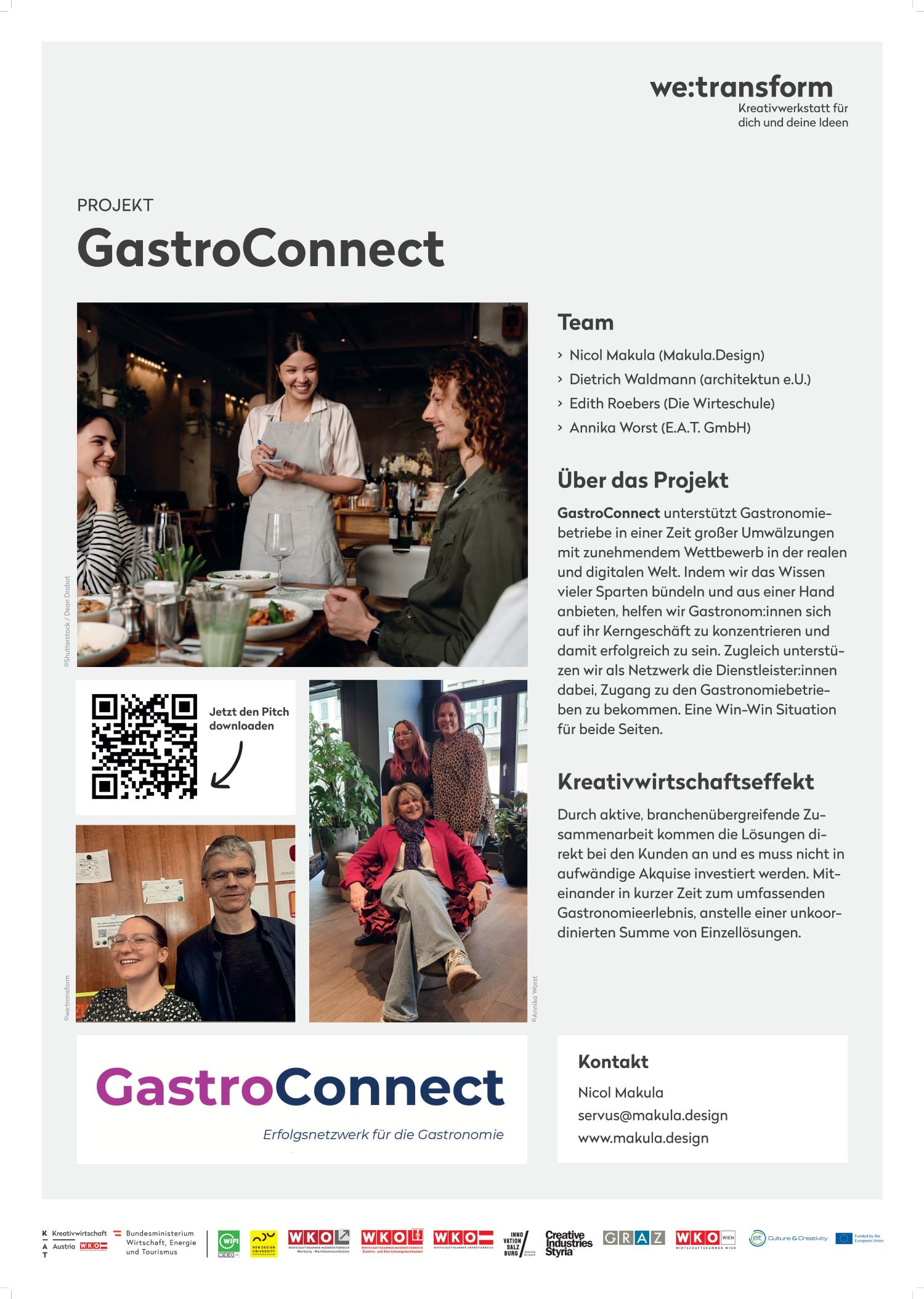 A poster for the GastroConnect project featuring photos of smiling people in restaurant settings, a QR code, logos, and text describing the team and its goals: to support food service businesses through transformation and the development of successful networks.