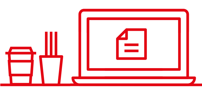 Eine rote Umrisszeichnung einer Kaffeetasse, eines Stifthalters mit Stiften und eines geöffneten Laptops, auf dessen Bildschirm ein Dokumentensymbol zu sehen ist – alles vor einem schlichten Hintergrund –, die das Wesen eines florierenden Ökosystems der Kreativwirtschaft perfekt einfängt.