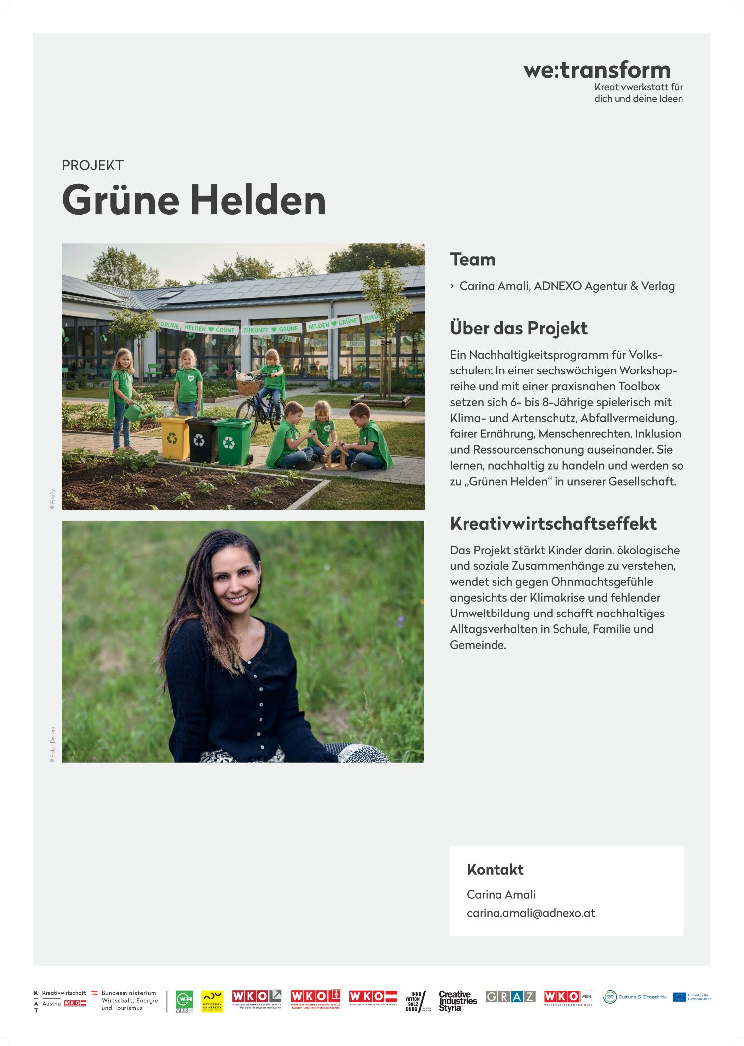 A poster for the “Green Heroes” project shows children and adults outdoors in a meadow, as well as a portrait of a woman. The German text describes the project’s sustainability workshops for schools and includes the team’s contact information. Various sponsor logos are visible at the bottom.