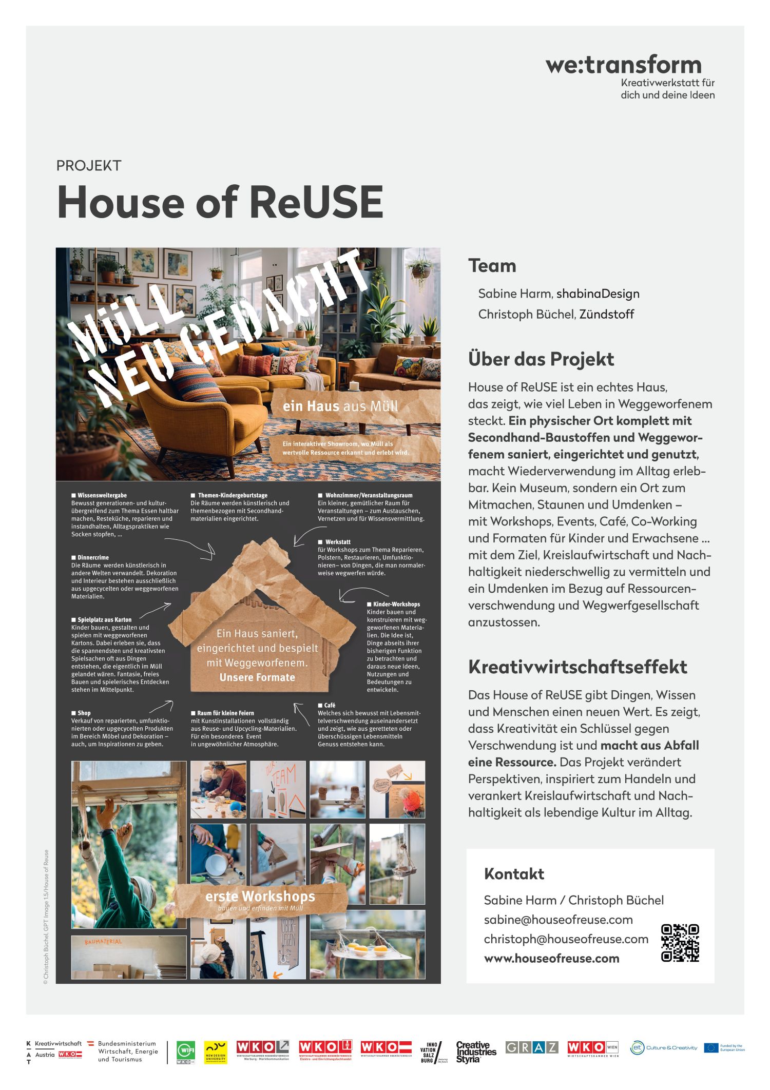 Poster for the “House of ReUSE” project featuring images of cozy rooms with upcycled furniture, information about the team, project details, creative impacts, photos from workshops, and contact information in German, all accompanied by modern interior photos throughout.
