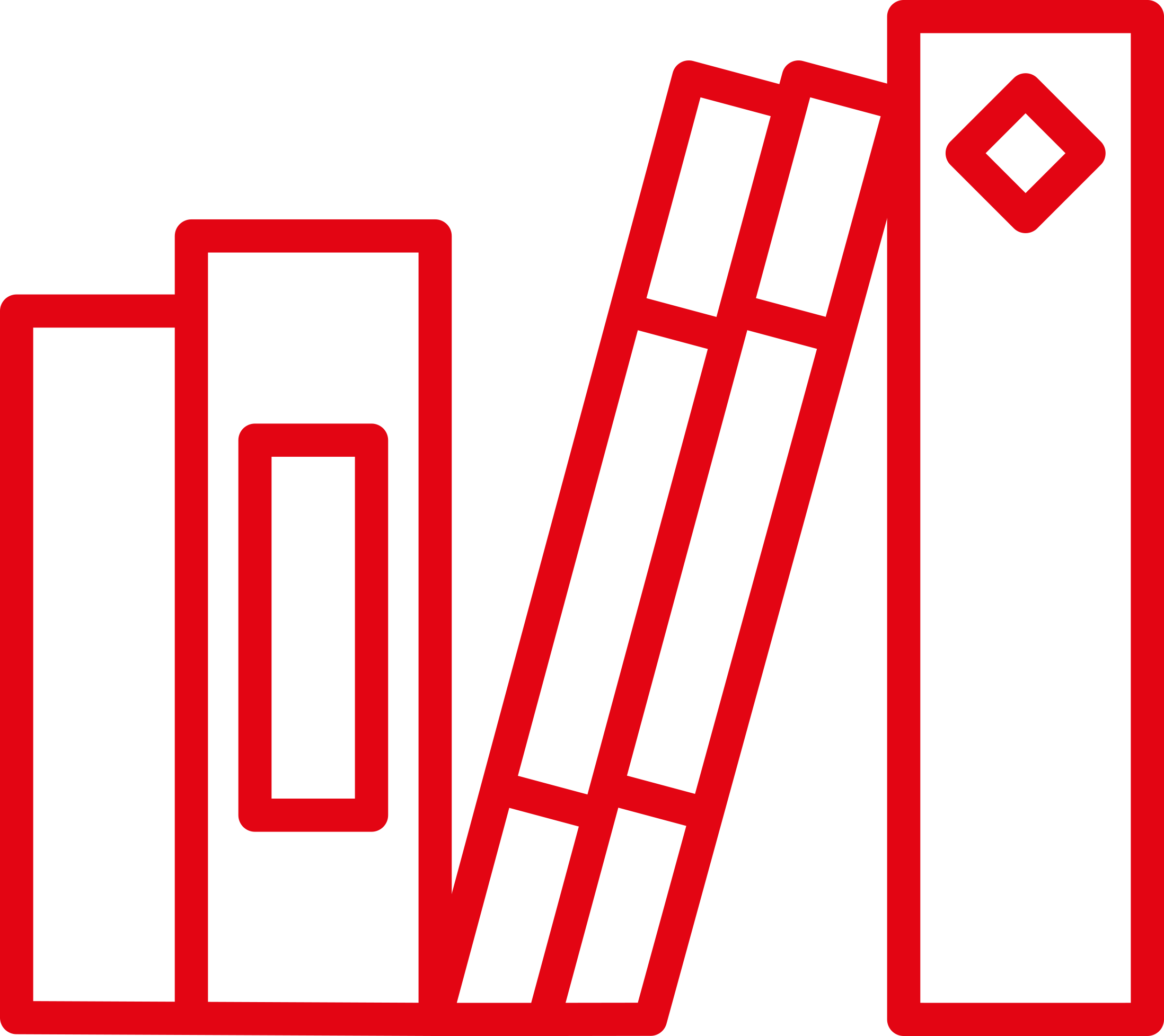 Rote Umrisszeichnung von fünf Büchern – drei stehen aufrecht, zwei lehnen sich an – vor weißem Hintergrund. Die Anordnung symbolisiert auf subtile Weise die Vernetzung eines Ökosystems der Kreativwirtschaft, wobei das Buch ganz rechts eine Raute auf dem Buchrücken aufweist.