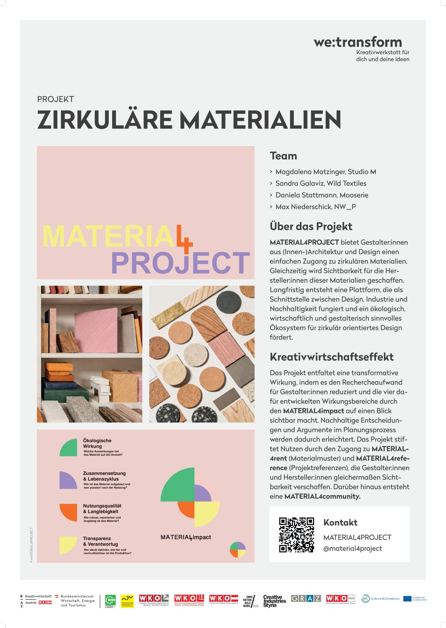The poster for “Circular Materials” features project details, team members, colorful graphics of material samples, and text blocks in German that describe the creative and economic benefits of circular materials in design and architecture.